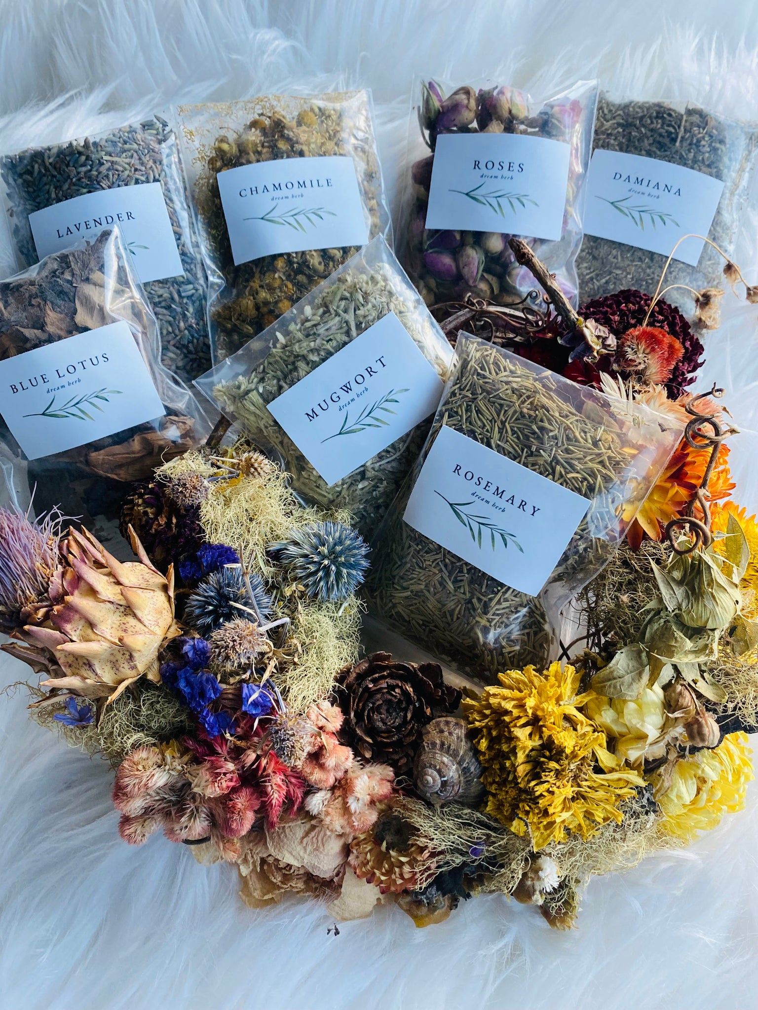 Lucid Dreaming Herbal Collection: Explore Astral Planes with Mugwort, Blue Lotus, Damiana, Rose, Chamomile, Lavender, and Rosemary. Enhance dream recall and promote lucid dreams with these natural herbs