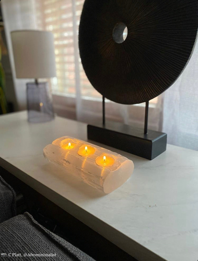 Selenite Candleholder - Enhance your space with the soothing light of this pure Moroccan selenite log