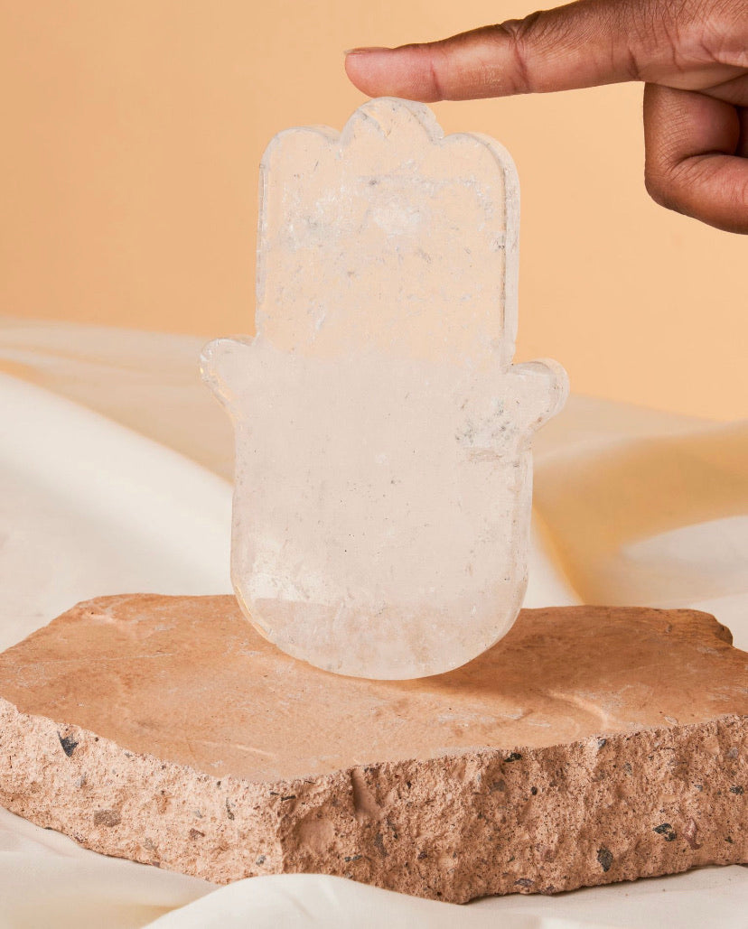 Clear Quartz Hamsa Hand - Versatile Altar Decor and Smudge Stick Holder | 5.5”x 5” Stone Amulet for Enhanced Protection and Abundance | Elevate Your Meditation Space with This Crystal Beauty