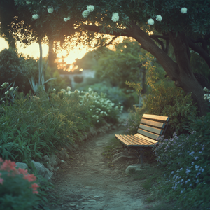 Twilight garden path lined with lush flowering plants leading to a cozy bench under a tree, symbolizing the journey of self-care and personal growth in August