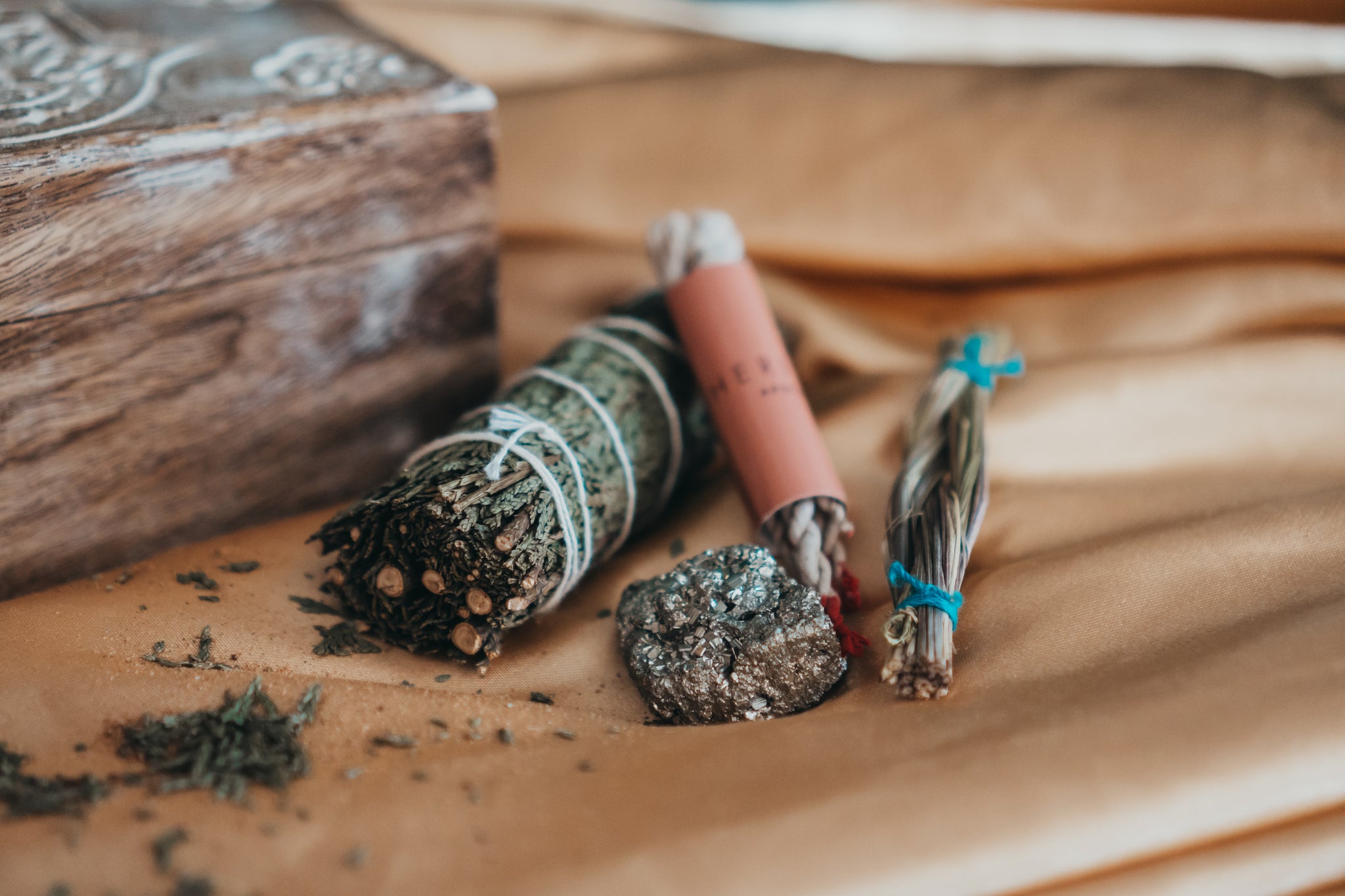 Elevate Your Spiritual Well-Being - Sacred Cedar, Sweet Grass, Pyrite, and Zimbu Rope Incense in a Beautiful Hand Carved Keepsake Wooden Box. Experience Protection and Blessings!