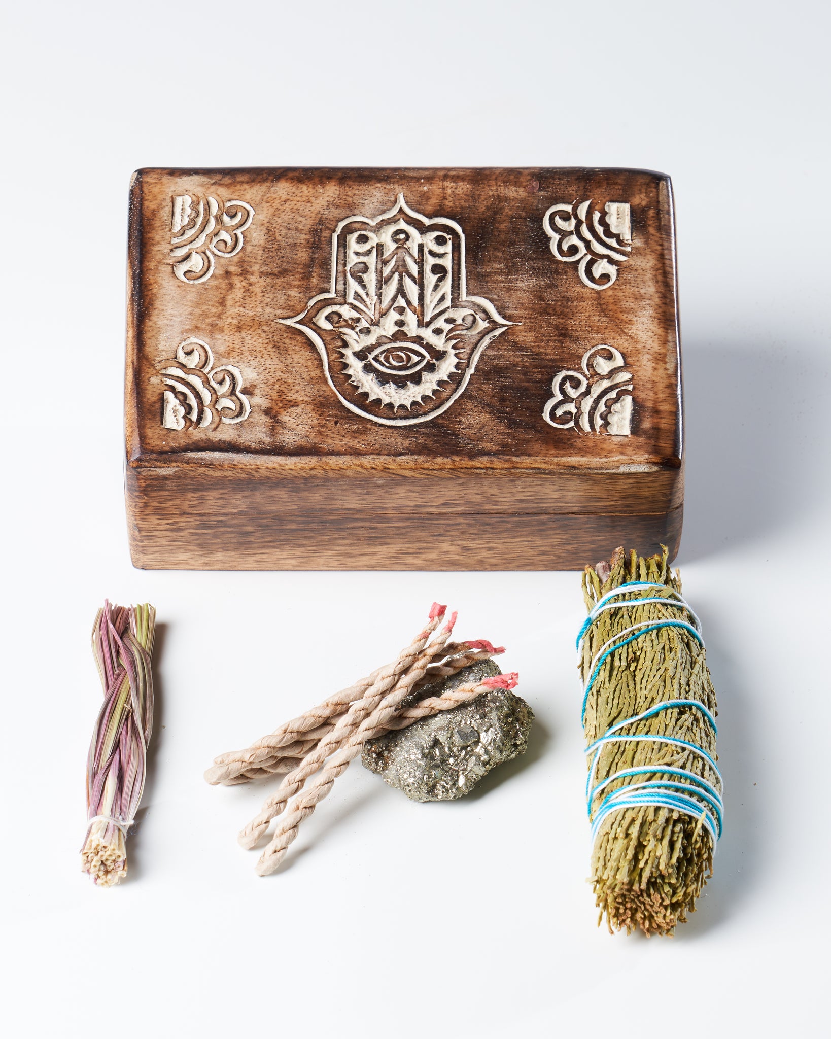 Guard Your Space with the Hamsa Guardian Kit - Cedar, Sweet Grass, Pyrite, and Zimbu Rope Incense to Clear, Protect, and Welcome Positive Vibrations. Comes in a Hand Carved Wooden Box!