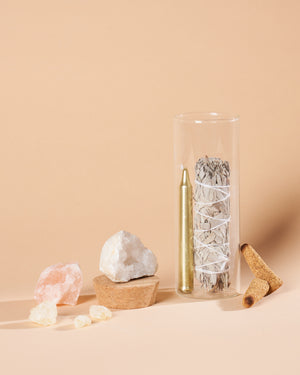 Energize Your Space with Sacred Plants - Copal, White Sage, Palo Santo, and Rose Quartz for Renewal and Harmony. Includes a Golden Candle and Stunning Moroccan Geode Jar!