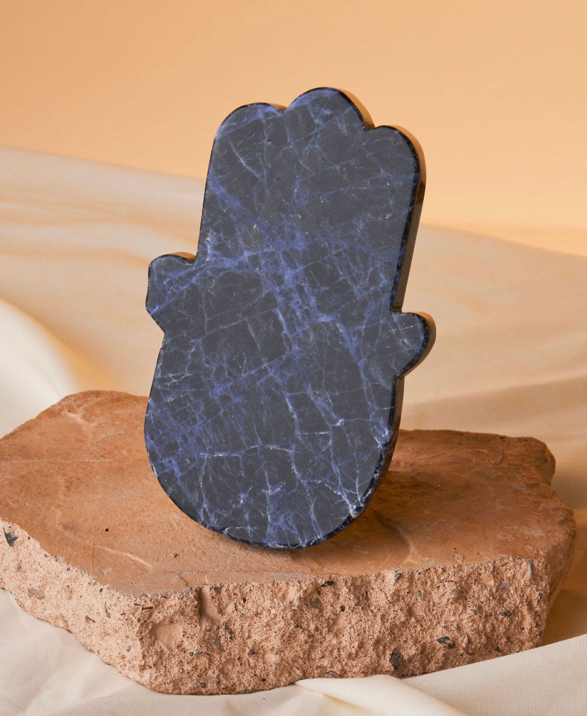 Elevate Your Space with Sodalite Hamsa Hand | Smudge Stick Holder and Altar Decor | 5.5”x 5” Stone Amulet | Invite Energetic Protection and Abundance with Unique Crystal Hamsa