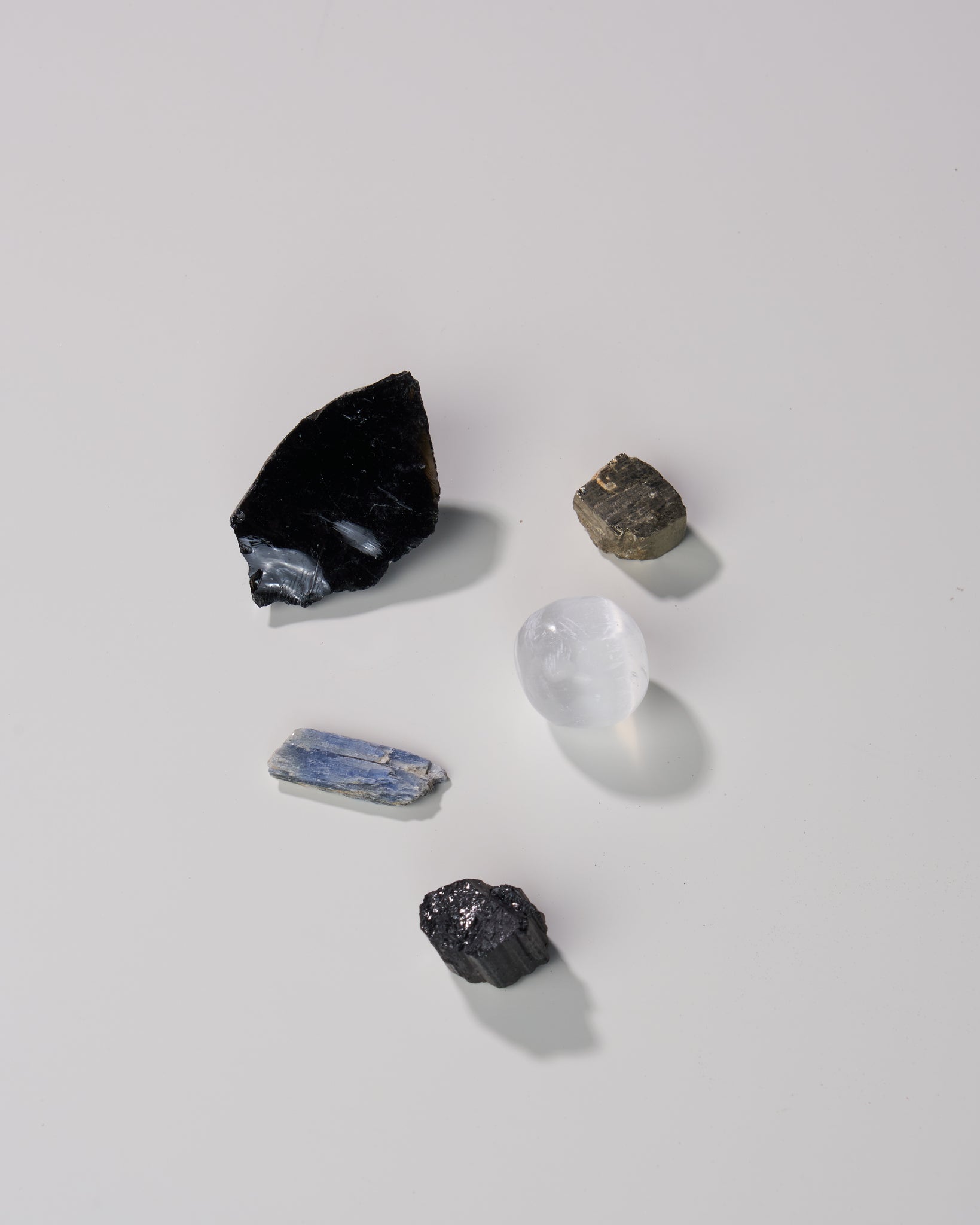 Guardian Stone Set - Crystals for Energy Protection and Intentions | Obsidian, Blue Kyanite, Black Tourmaline, Selenite, Pyrite | Grid Work, Meditation, and Decor | 2”x1” Stones