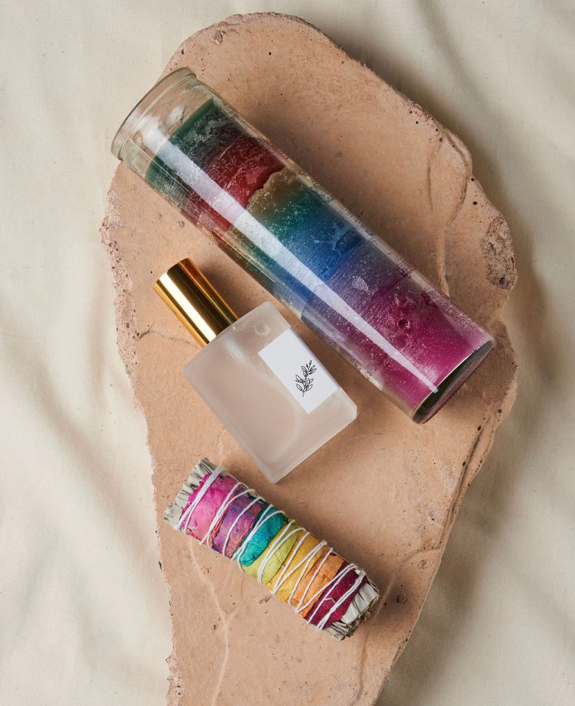 Chakra Balancing Kit with Sage, Aura Mist, and Crystals: Harmonize chakras with sage, Aura Mist, and chakra crystals. Includes sage bundle, Aura Mist, and chakra candle. Optional crystal kit and selenite plate available. Ideal for spiritual alignment and self-care
