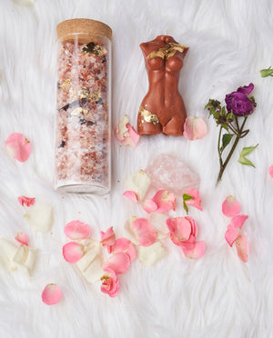 Venus Kit: Elevate your self-care with this spiritual cleanse offering. Bath Kit and Shower Kit with natural mineral salts, hibiscus, gold leaf flakes, rose petals, Venus candle, and rose quartz stone. Create a sacred space for healing and inner balance in your bathroom. Enjoy a curated Spotify playlist for the ultimate ambiance.
