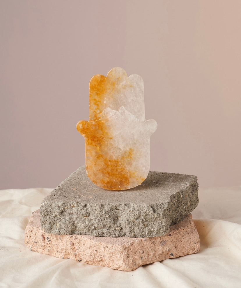 Golden Healer Crystal Hamsa Hand Amulet - Altar Decor | Smudge Stick Holder | Meditation Space Adornment | Energetic Protection | Magnetizes Goodness and Abundance | 5.5”x 5”