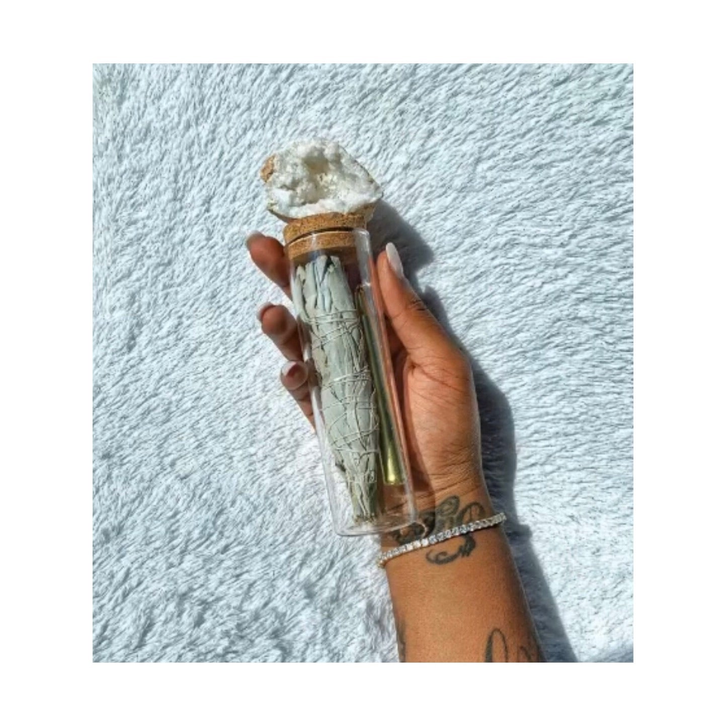 Clear and Bless Your Environment - Copal and Sage Clearing Stick, Palo Santo Incense, Rose Quartz, and a Golden Candle. All in a Beautiful Moroccan Geode Glass Jar!