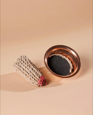 Enhance Your Energy Cleansing Experience: Black Sand and Sacred Rope Incense in a Copper Bowl.