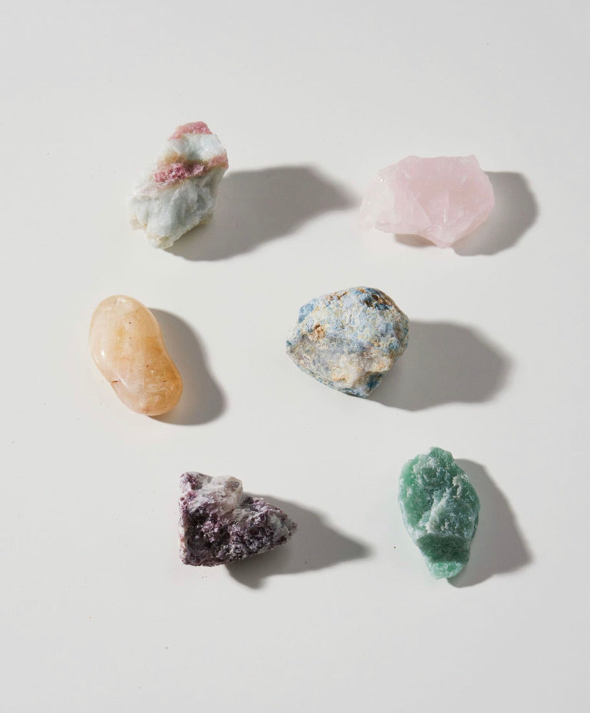Intuitively Selected Libra Zodiac Stones - Pink Tourmaline, Blue Apatite, Lepidolite, Rose Quartz, Citrine, and Green Quartz for Inner Peace and Balance. Perfect for meditation, personal growth, and spiritual cleansing baths. Approx. 2”x1” each