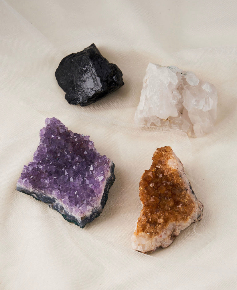 Powerful synergy: Amethyst, Black Tourmaline, Citrine, and Clear Quartz crystals. Elevate your energy. Sizes: approx. 3x2” each