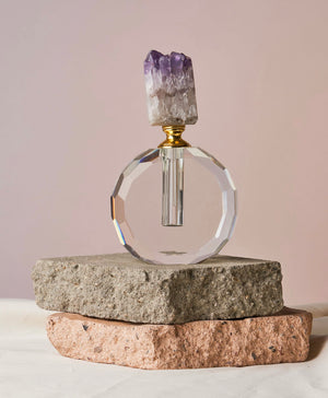 "Rose Quartz-Enhanced Amethyst Bottles - Intuitive & Protective Aromatherapy: Transform your space with these amethyst cluster bottles in Mama, Baby, and Zaddy sizes. Designed for perfume and essential oils. Amplify intuition, spiritual expansion, and protection. Compact, aesthetic designs with different oil capacities. Perfect for gifts