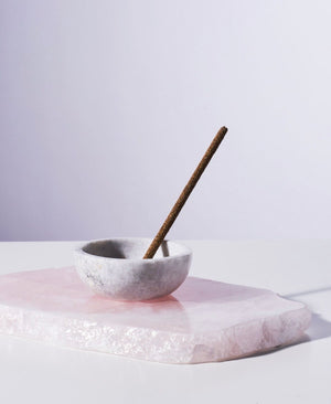 Palo Santo and Rose Incense Sticks - Set of 7 Hand-Rolled Aromatic Sticks for Space Clearing and Energetic Balance, Presented in a Marble Bowl on a Rose Quartz Platter.