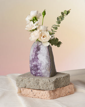 Kas Amethyst Stone Vase - Brazilian Crystal | Elevates Floral Arrangements | Conversation Piece | Size Varies 4-6” Height, 3-5” Width