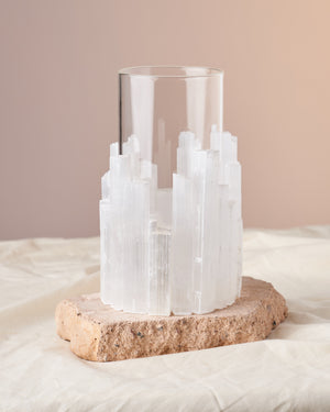Selenite Stone Vase - Glass Floral Vessel | Cleansing and Protective Energy | Elevate Floral Arrangements | Nurturing Energy Infusion | Unique Decor | Available in Medium (5” tall x 3” wide) and Large (8” tall x 4” wide)